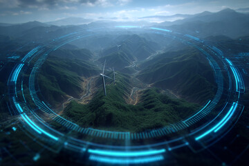 Wind Turbines in Lush Mountain Terrain Under a Futuristic Blue Technology Overlay Display