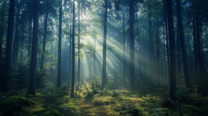 Fototapeta premium Sunlight beams through the dense forest canopy, creating a magical atmosphere.