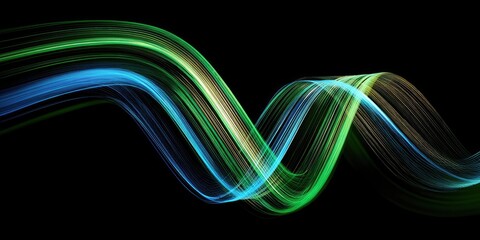 Abstract swirling lines of vibrant green, blue, and gold on a black background