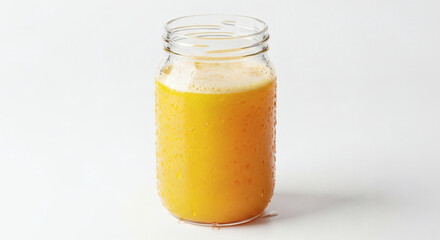 A glass jar filled with orange juice sitting on a white surface in a well lit studio setting