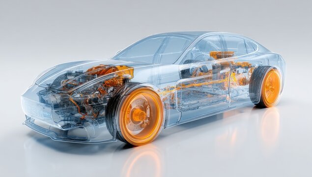 Transparent vehicle with internal mechanics highlighted