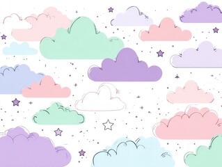 Pastel clouds and stars on white background