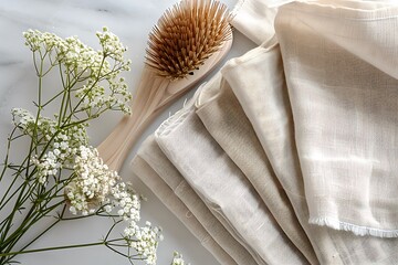 Natural fabric napkins with wooden brush, calm beauty flatlay, zero waste product styling
