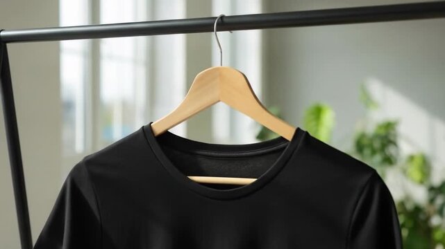 Black T-Shirt Hanging on Wooden Hanger Minimalist Fashion and Clothing Concept