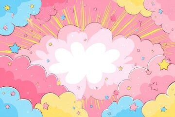 Whimsical cloud-filled background with radiating light and stars