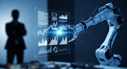 Robotic Arm Interacting with Data Visualization Display Silhouette of Person in Background.