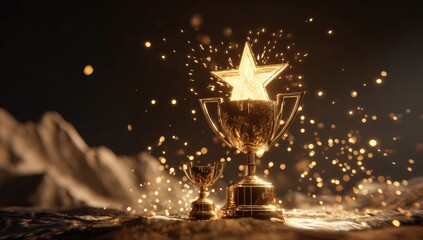 A glowing gold star bursts from a large trophy; smaller trophy sits below, both on a dark, textured surface with sparkling particles