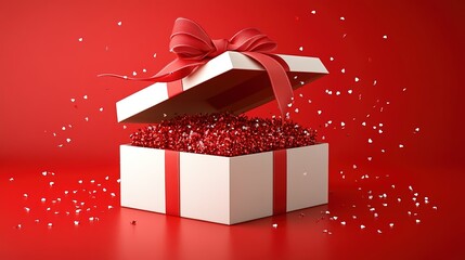 E-commerce Event Poster: Left Open Gift Box Red Ribbon Decoration, White Square Empty, Solid Background High Detail Top View, Modern Minimalist