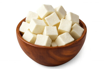 Wooden bowl brimming with freshly cubed paneer, white cheese ideal for vegetarian cooking, isolated against clean background