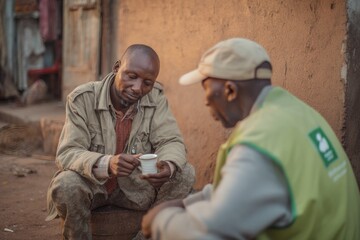 Early morning beside a health clinic A volunteer offers tea to someone sitting quietly The mood is warm and gentle, Generative AI