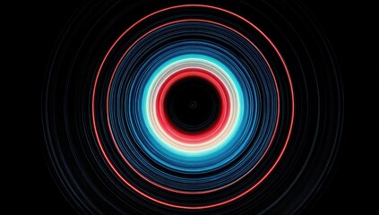 Concentric circles of vibrant red, white, and blue light radiating outward from a central void against a dark background