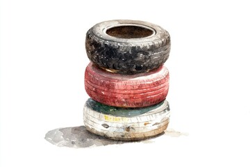 Three used tires stacked, watercolor style