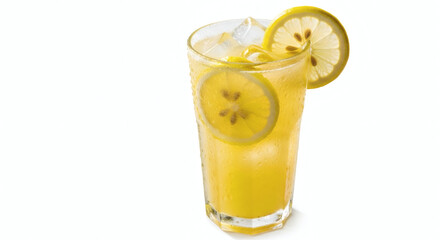 Tall glass of yellow drink with ice and lemon slices on a white background in a studio shot