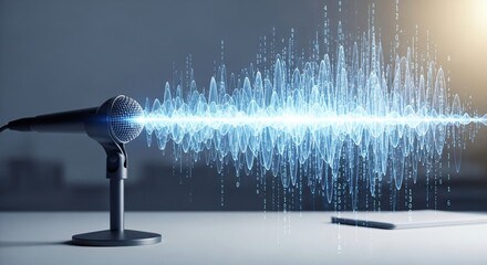 Digital Audio Waveform Emitting from Microphone on Desk.