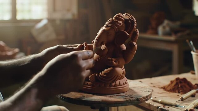 Sculptor at Work: A skilled artist meticulously molds and shapes a traditional sculpture, infusing the artwork with dedication, patience, and timeless grace.