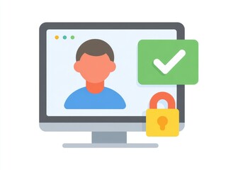 Computer screen with user profile, checkmark, and padlock