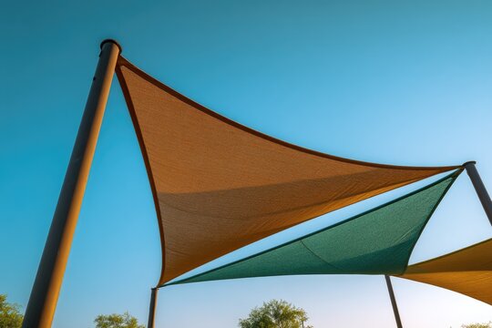 Outdoor triangular shade sails against a clear blue sky