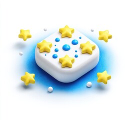 3D square icon, white base, yellow stars, blue drops,  floating