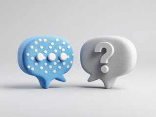 Two 3D speech bubbles, one blue with white polka dots and a message, the other light gray with a white question mark