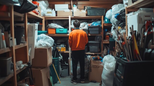 A person organizes a cluttered storage space filled with boxes and tools. This image captures the essence of tidying up and finding forgotten treasures. Generative AI