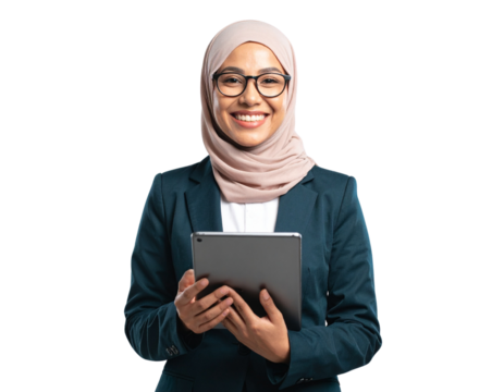 Confident Businesswoman in Hijab Holding Tablet, isolated on a transparent background - Powered by Adobe