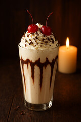 The chef prepares a Vanilla Black Forest Milkshake, blends vanilla ice cream with chocolate syrup, decorates with whipped cream and chocolate shavings, adds cherries, serves on a wooden tray