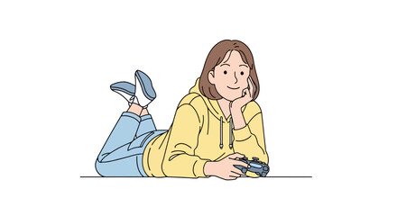 Relaxed Young Woman Enjoying Video Games at Home, A Modern Illustration for Digital Entertainment and Leisure Activities Promotion