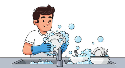Man happily washing dishes in a sink full of soapy water, with plates and cutlery visible