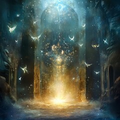 Dreamscape Oracle A mystical oracle surrounded by floating symbols and radiant light enigmatic and visionary