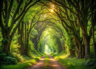 Serene forest path surrounded by towering trees with arching branches creating a natural tunnel of light and lush greenery