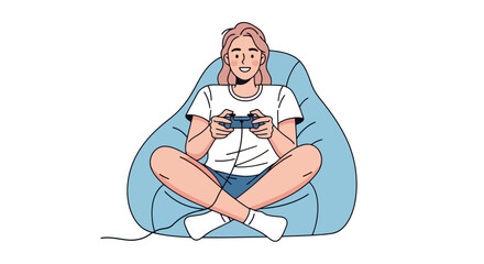 Relaxed Gamer Girl Enjoying Video Games on Beanbag Chair, Ideal for illustrating leisure activities, gaming culture and the comfort of home entertainment.