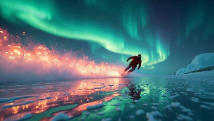 Character gliding scene under aurora