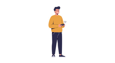 Illustrated man with a smartphone, connecting through wireless technology, suitable for depicting mobile communication and digital lifestyle concepts.