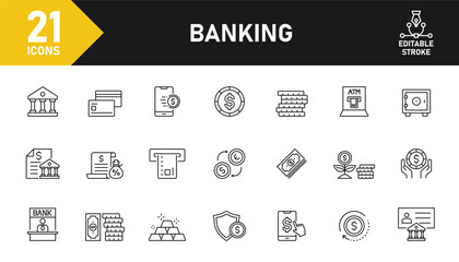 Banking line icon set. Set of 21 outline icons related to banking, ATM. bank, transfer, credit card, savings, loan, money, finance and others. Editable stroke. Vector illustration.