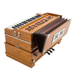 A beautifully crafted wooden harmonium, a traditional indian musical instrument, featuring a keyboard and bellows. Perfect for cultural music themes.
