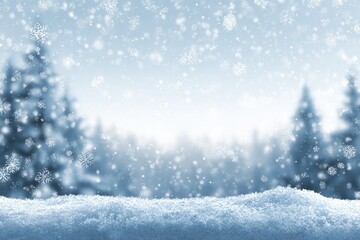 Snowy winter landscape. Soft focus on a snow-covered forest scene with falling snowflakes