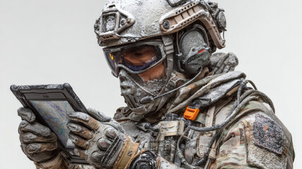 Fototapeta premium Soldier in Full Gear Using Tablet Device | Military Personnel Operating Digital Equipment | Armed Forces Member with Tactical Technology