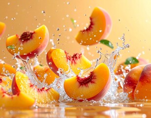 The floating motion of a cut peach fruit falling down, with water splashing around it