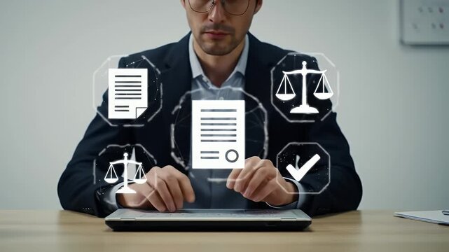 Man in Dark Suit Types on Laptop with Document Legal Icons Overlaid at a Wooden Desk Against Simple White Background