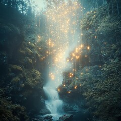 Obraz premium Ethereal Cascade II A gentle cascade of translucent light particles falling over a surreal silent valley soft and poetic