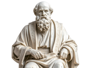 Marble statue of fictional philosopher with thoughtful expression isolated on transparent background PNG