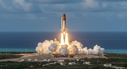 Space Shuttle Launching Near Ocean