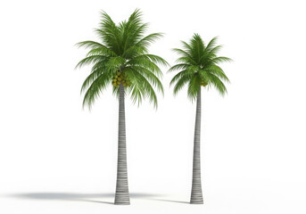 Obraz premium Two tall palm trees with green fronds and textured trunks, isolated on a white background, symbolizing tropical destinations