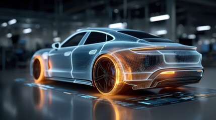 A futuristic car design illuminated with digital lines, showcasing advanced technology in a modern automotive environment.