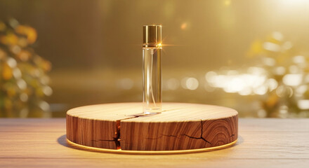  Wooden product bottle parfume display podium with blurred nature  background. 3D rendering