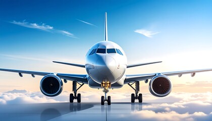 Obraz premium Airplane above clouds at sunrise, front view