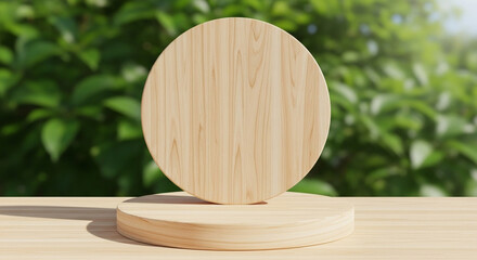 Wooden product display podium with blurred nature leaves background. 3D rendering