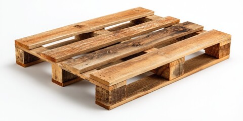 Wooden pallet on a white background.  Light brown wood,  rectangular  structure with  horizontal and vertical  boards.  Four  support legs on each side.  Simple, utilitarian design