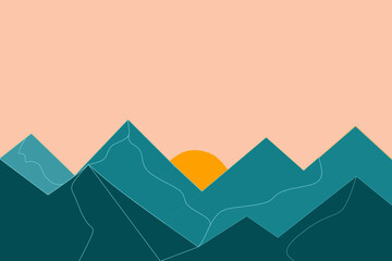 Minimalist vector art featuring serene mountain silhouettes and a vibrant sunset, perfect for nature-themed designs and backgrounds.