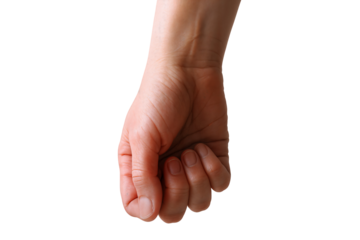 A close-up of a human hand in a fist position against a plain background.